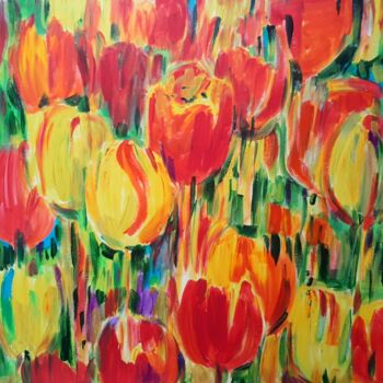Pittura intitolato "Colorful tulips" da Elva Polyakova, Opera d'arte originale, Acrilico