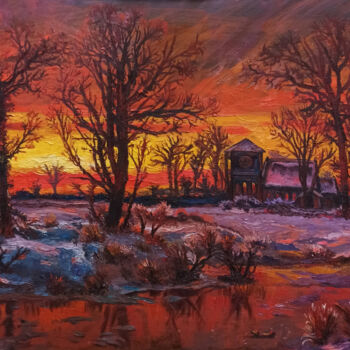 Painting titled "Winter Sunset" by Elvi Ismailaga, Original Artwork, Oil