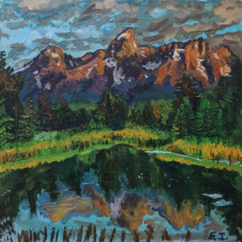 Painting titled "Mountain Lake" by Elvi Ismailaga, Original Artwork, Oil