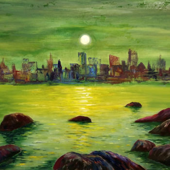 Schilderij getiteld "Night city on the c…" door Victor Vinogradov, Origineel Kunstwerk, Olie