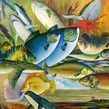 Painting titled "Ocean. A fish. Comp…" by Victor Vinogradov, Original Artwork, Oil