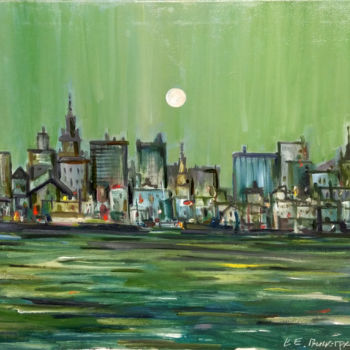 Painting titled "Night city on the c…" by Victor Vinogradov, Original Artwork, Oil