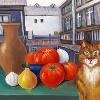 Painting titled "With a cat. Composi…" by Victor Vinogradov, Original Artwork, Oil
