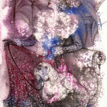 Картина под названием "Lady with a dog 2" - Elvira Baranova, Подлинное произведение искусства, Акварель