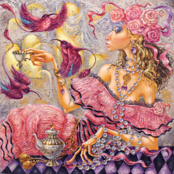 Painting titled "Tea Lady" by Elvira Baranova, Original Artwork, Oil