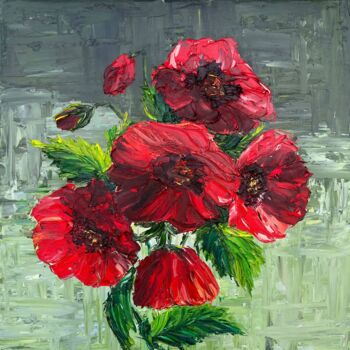 Painting titled "Red poppies flowers" by Elvira Gord, Original Artwork, Oil Mounted on Wood Stretcher frame