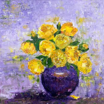 Painting titled "Yellow roses" by Elvira Gord, Original Artwork, Oil Mounted on Wood Stretcher frame