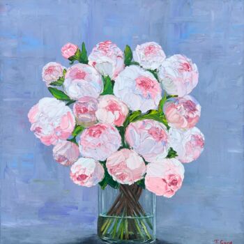 Painting titled "Pink Peonies" by Elvira Gord, Original Artwork, Oil Mounted on Wood Stretcher frame