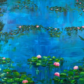 Painting titled "Water lilies in a p…" by Elvira Gord, Original Artwork, Oil Mounted on Wood Stretcher frame