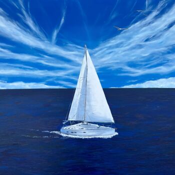 Painting titled "Sea Sailing in a Ya…" by Elvira Gord, Original Artwork, Oil Mounted on Wood Stretcher frame