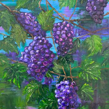 Painting titled "Grapes" by Elvira Gord, Original Artwork, Oil Mounted on Wood Stretcher frame