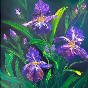 Painting titled "Purple irises" by Elvira Gord, Original Artwork, Oil Mounted on Wood Stretcher frame