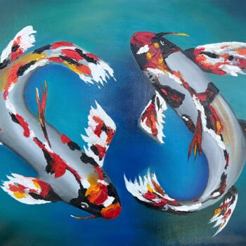 "Koi fish in a pond" başlıklı Tablo Elvira Gord tarafından, Orijinal sanat, Petrol Ahşap Sedye çerçevesi üzerine monte edilm…