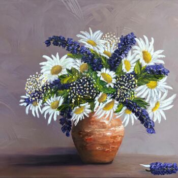 Painting titled "Bouquet of daisies…" by Elvira Gord, Original Artwork, Oil Mounted on Wood Stretcher frame