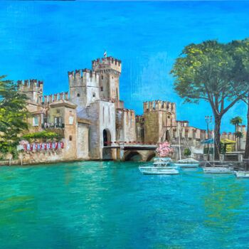 Painting titled "Scaligero Castle of…" by Elvira Gord, Original Artwork, Oil Mounted on Wood Stretcher frame