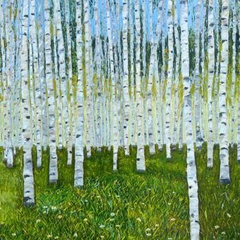 Painting titled "Birches in summer t…" by Elvira Gord, Original Artwork, Oil Mounted on Wood Stretcher frame