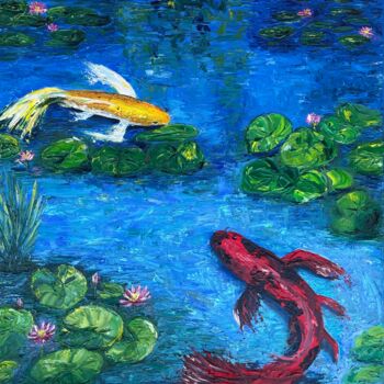 Painting titled "Koi fish in a pond…" by Elvira Gord, Original Artwork, Oil