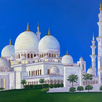 Painting titled "Grand Mosque Abu Dh…" by Elvira Gord, Original Artwork, Oil Mounted on Wood Stretcher frame