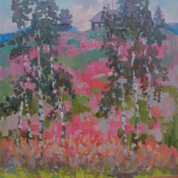 Painting titled "Evening landscape t…" by Elvira Shiryaeva, Original Artwork, Oil Mounted on Wood Stretcher frame