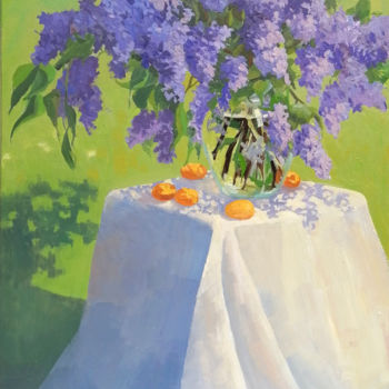 Painting titled "Lilac still life la…" by Elvira Shiryaeva, Original Artwork, Oil Mounted on Wood Stretcher frame
