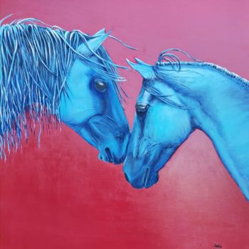 Painting titled "" HORSES WHISPERING…" by Elvira Sirio, Original Artwork, Enamel Mounted on Wood Panel