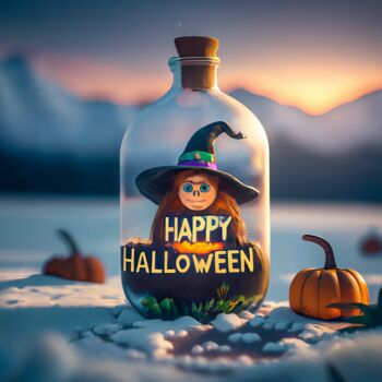 Arts numériques intitulée "Happy Halloween, cu…" par Emaga Travels By Emaga Art, Œuvre d'art originale, Image générée par l'…