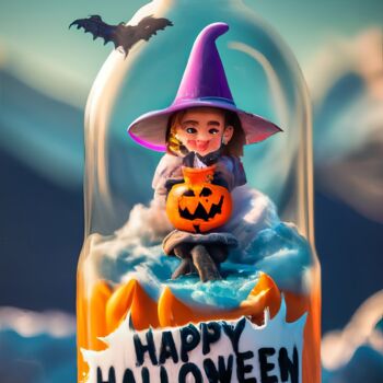 Arts numériques intitulée "Happy Halloween, cu…" par Emaga Travels By Emaga Art, Œuvre d'art originale, Image générée par l'…