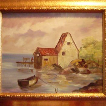 Painting titled "Cabane près du lac" by E. Angie Boucard, Original Artwork, Oil