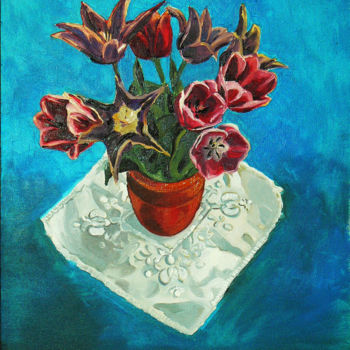 Pintura intitulada "Tulips in red vase" por Emilia Amaro, Obras de arte originais, Óleo