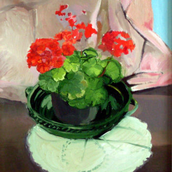 Painting titled "Red geranium" by Emilia Amaro, Original Artwork, Oil