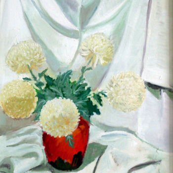 Painting titled "White chrysanthemum…" by Emilia Amaro, Original Artwork, Oil