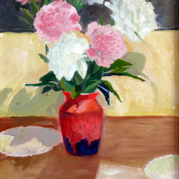 绘画 标题为“Peonies in red vase” 由Emilia Amaro, 原创艺术品, 油