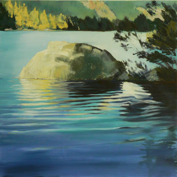 Painting titled "Stone on the Lake" by Emilia Amaro, Original Artwork, Oil