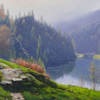 Painting titled "Autumn morning by t…" by Emil Mlynarcik, Original Artwork, Oil Mounted on Wood Stretcher frame