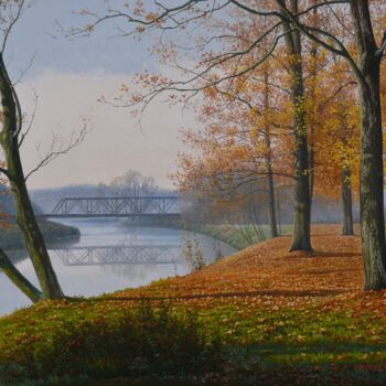 Painting titled "Morning by the river" by Emil Mlynarcik, Original Artwork, Oil Mounted on Wood Stretcher frame