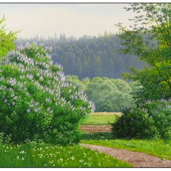 Painting titled "Blooming meadow" by Emil Mlynarcik, Original Artwork, Oil Mounted on Wood Stretcher frame