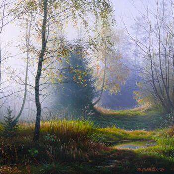 Painting titled "Foggy morning in th…" by Emil Mlynarcik, Original Artwork, Oil Mounted on Wood Stretcher frame