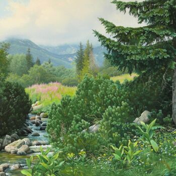 Painting titled "Spring mountain lan…" by Emil Mlynarcik, Original Artwork, Oil Mounted on Wood Stretcher frame