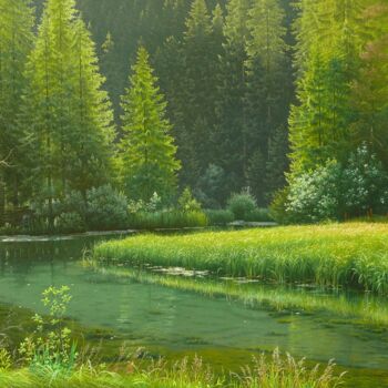 Painting titled "Forgotten pond" by Emil Mlynarcik, Original Artwork, Oil Mounted on Wood Stretcher frame