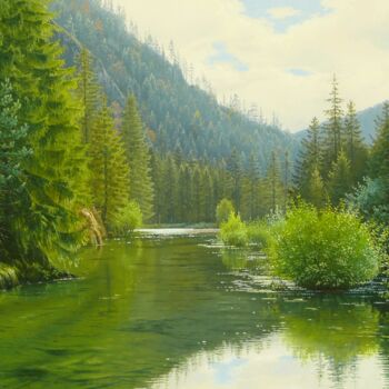 Painting titled "Quiet water in the…" by Emil Mlynarcik, Original Artwork, Oil Mounted on Wood Stretcher frame