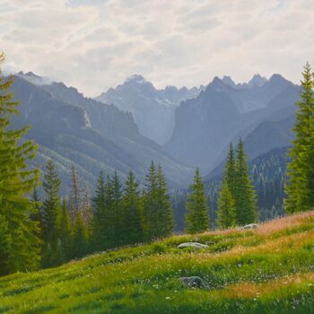 Painting titled "Summer in the mount…" by Emil Mlynarcik, Original Artwork, Oil Mounted on Wood Stretcher frame