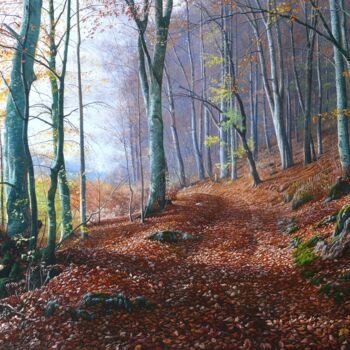 Painting titled "In the beech forest" by Emil Mlynarcik, Original Artwork, Oil Mounted on Wood Stretcher frame