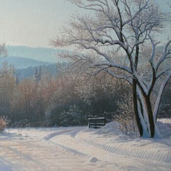 Painting titled "Imprint in the snow" by Emil Mlynarcik, Original Artwork, Oil Mounted on Wood Stretcher frame