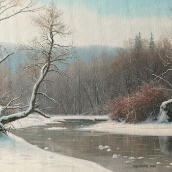 Painting titled "Winter by the river" by Emil Mlynarcik, Original Artwork, Oil Mounted on Wood Stretcher frame