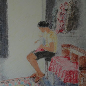 Pintura intitulada ""Maternité"" por Emile Paya, Obras de arte originais, Pastel