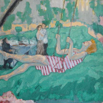 「La balançoire」というタイトルの絵画 Emile Payaによって, オリジナルのアートワーク, オイル ウッドストレッチャーフレームにマウント