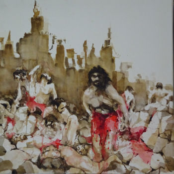 Pittura intitolato "Scène de bataille a…" da Émile Thibaut, Opera d'arte originale, Acquarello Montato su Telaio per barella…