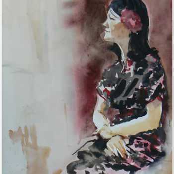 Peinture intitulée "femme assise en kim…" par Émile Thibaut, Œuvre d'art originale, Aquarelle