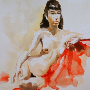 Pintura intitulada "Nu sur toile rouge" por Émile Thibaut, Obras de arte originais, Aquarela