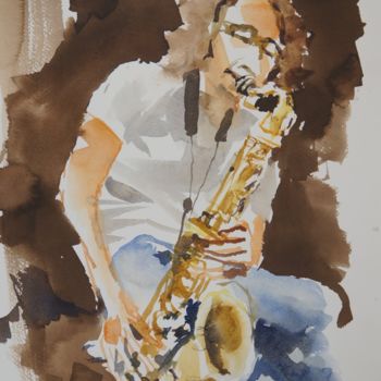 Schilderij getiteld "Saxophoniste" door Émile Thibaut, Origineel Kunstwerk, Aquarel